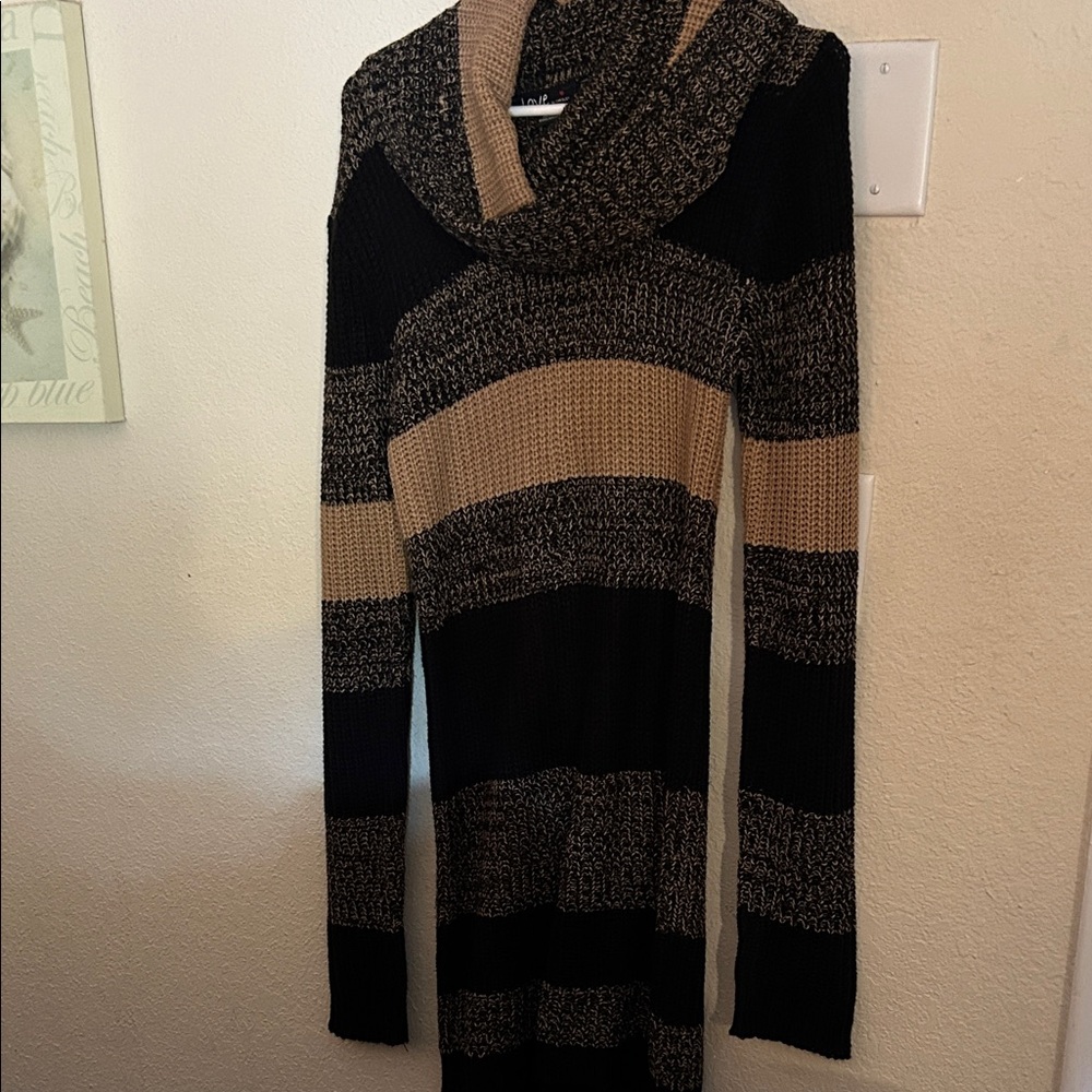 Love By Design Black and Tan Striped Turtleneck Sweater DRESS